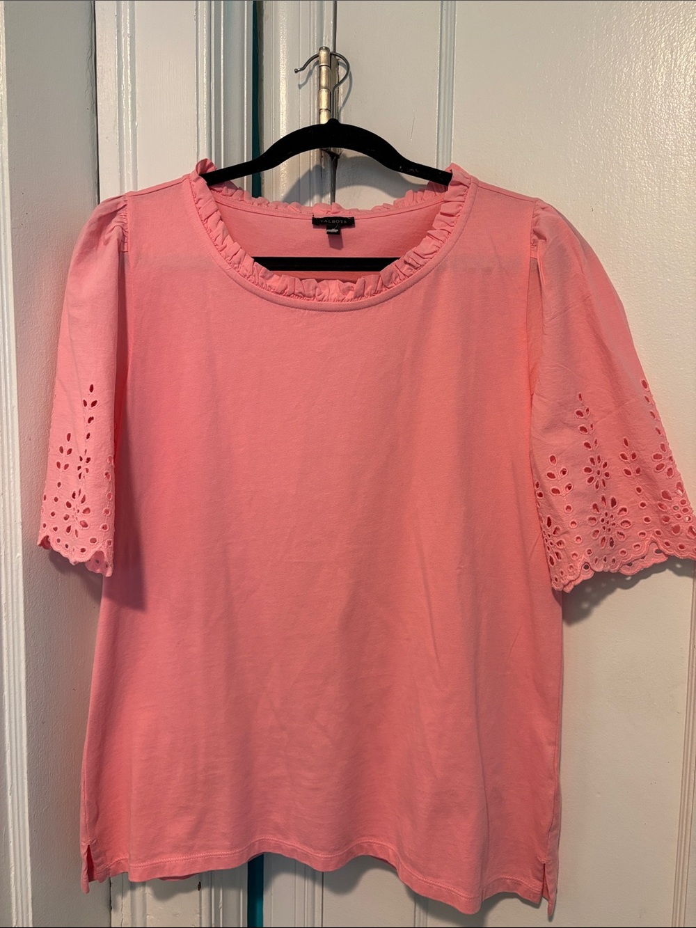 Talbots Coral Pink Ruffle Neck Eyelet Sleeve Tee